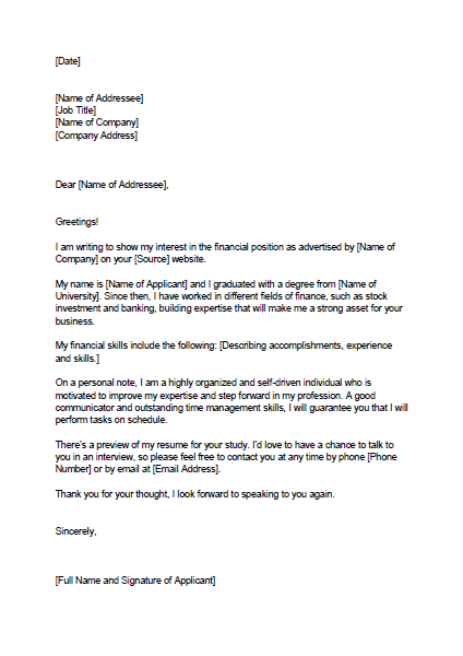 Finance Cover Letter